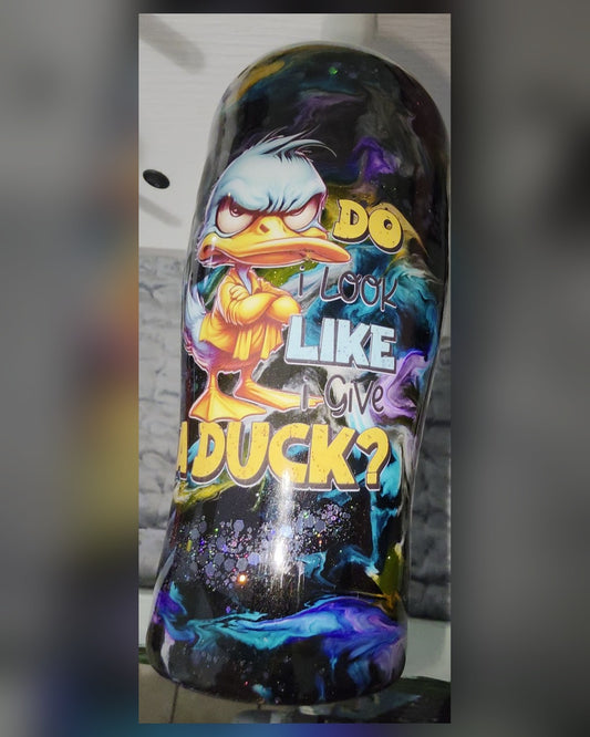 Front view of sassy angry duck tumbler with Do I Look Like I Give a Duck text and holo glitter