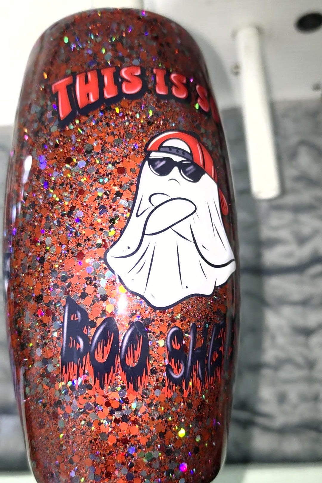 This Is Some Boo Sheet Halloween stemless wine tumbler, front with ghost in sunglasses