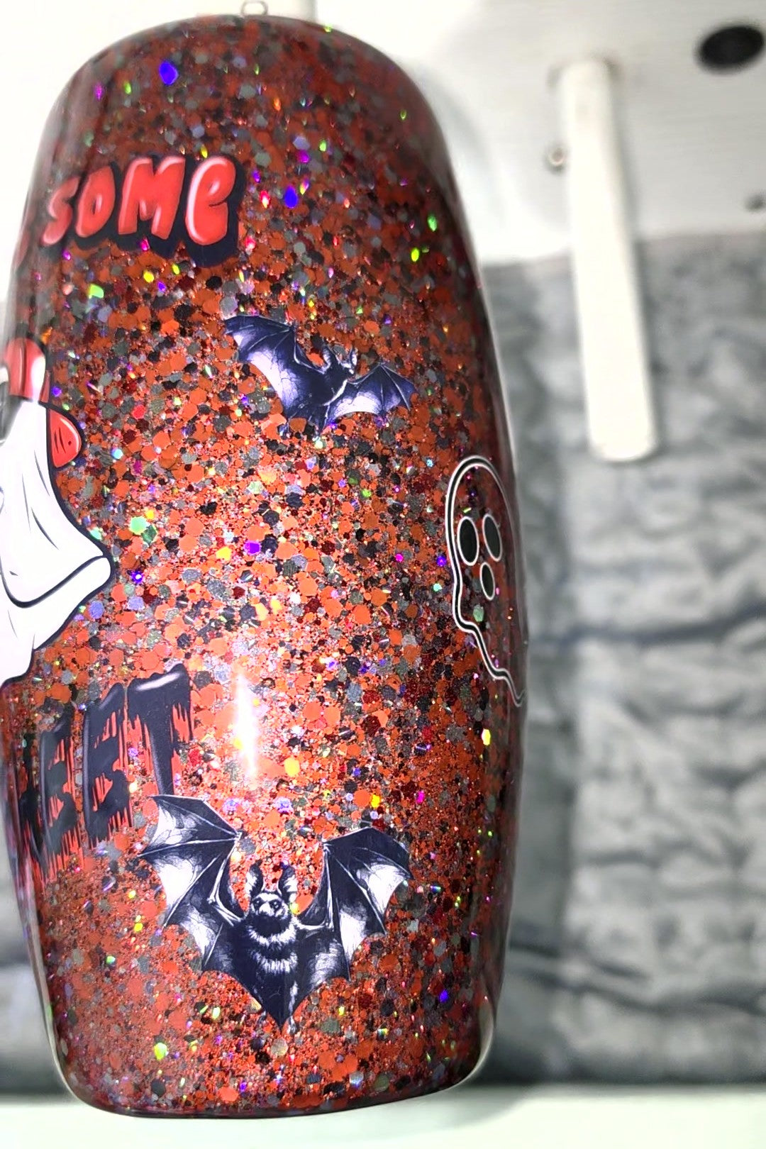 Boo Sheet tumbler side with bats and orange black holo glitter