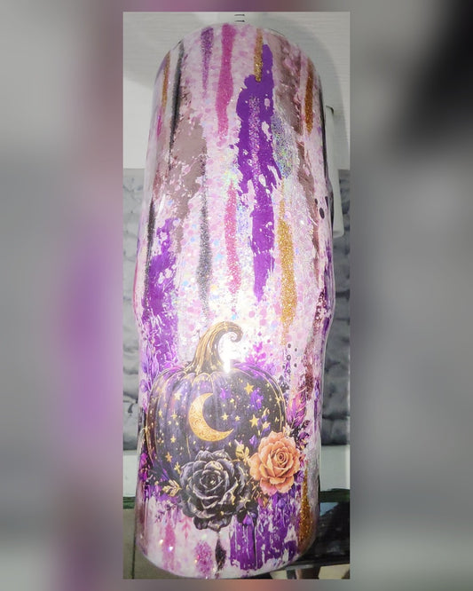 Too Cute to Spook large handled tumbler with black pumpkin, moon and roses
