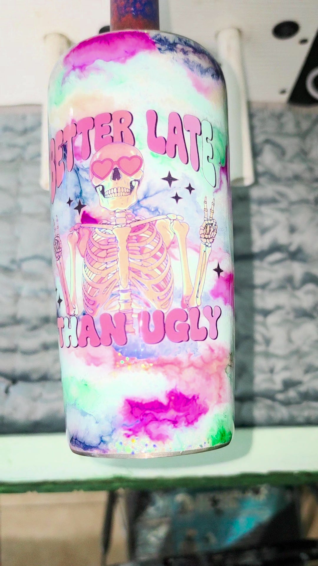 Better Late Than Ugly Strawbler front with skeleton decal