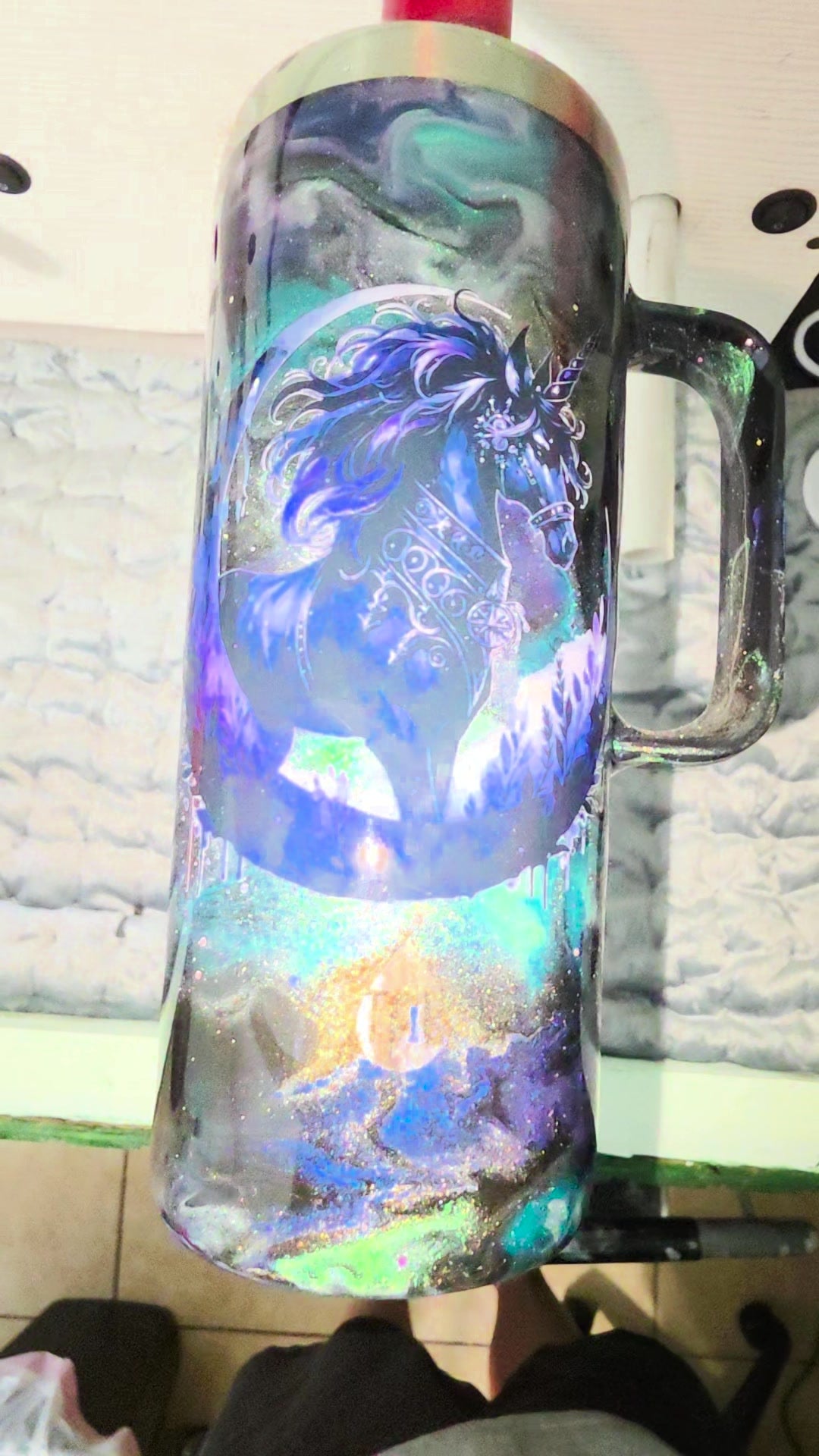 Midnight Unicorn tumbler front with armored unicorn and crescent moon decal