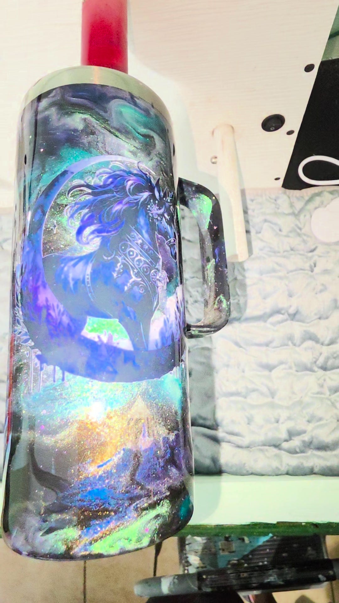 Angled view of the unicorn decal and glitter shimmer