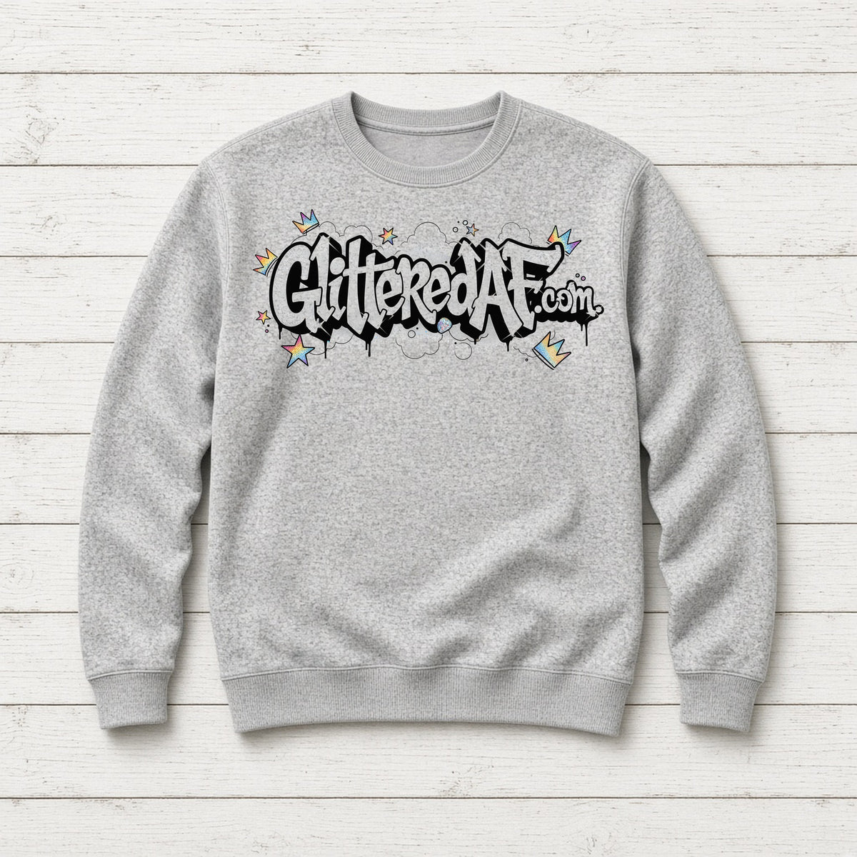 AF GAF Woobie DTF design on a heather gray crew neck sweatshirt
